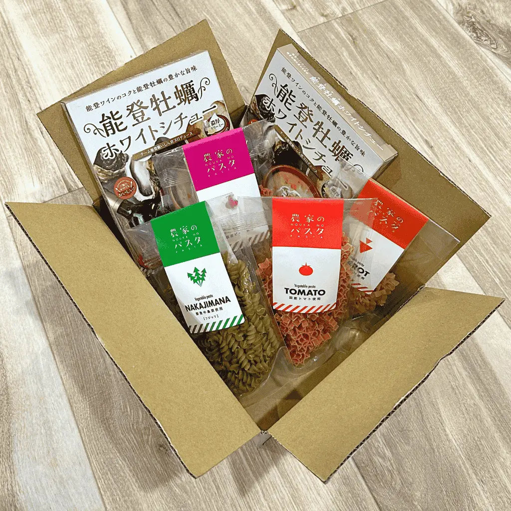能登でしか買えないお土産ギフト・農家のパスタ・能登牡蠣ホワイトシチューのギフトセット・丁寧に梱包して発送します。