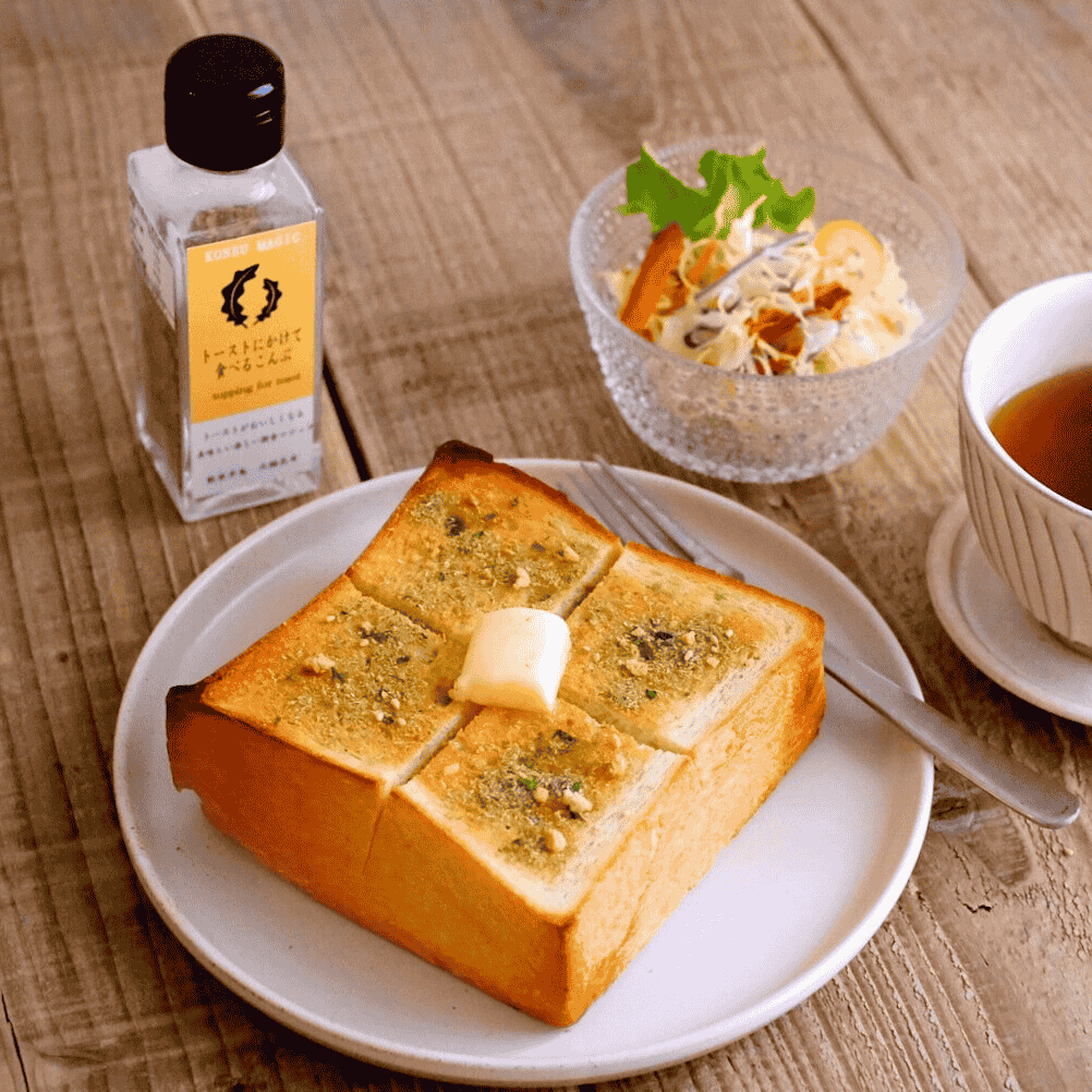 トーストにかけて食べる昆布、盛り付け例、能登でしか買えないお土産