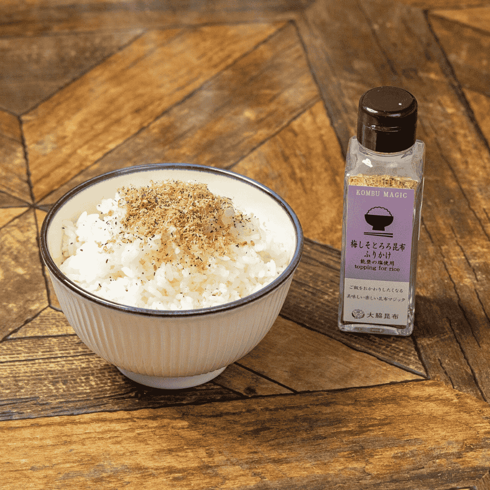 梅しそとろろ昆布ふりかけ、商品紹介、盛り付け例。能登でしか買えないお土産