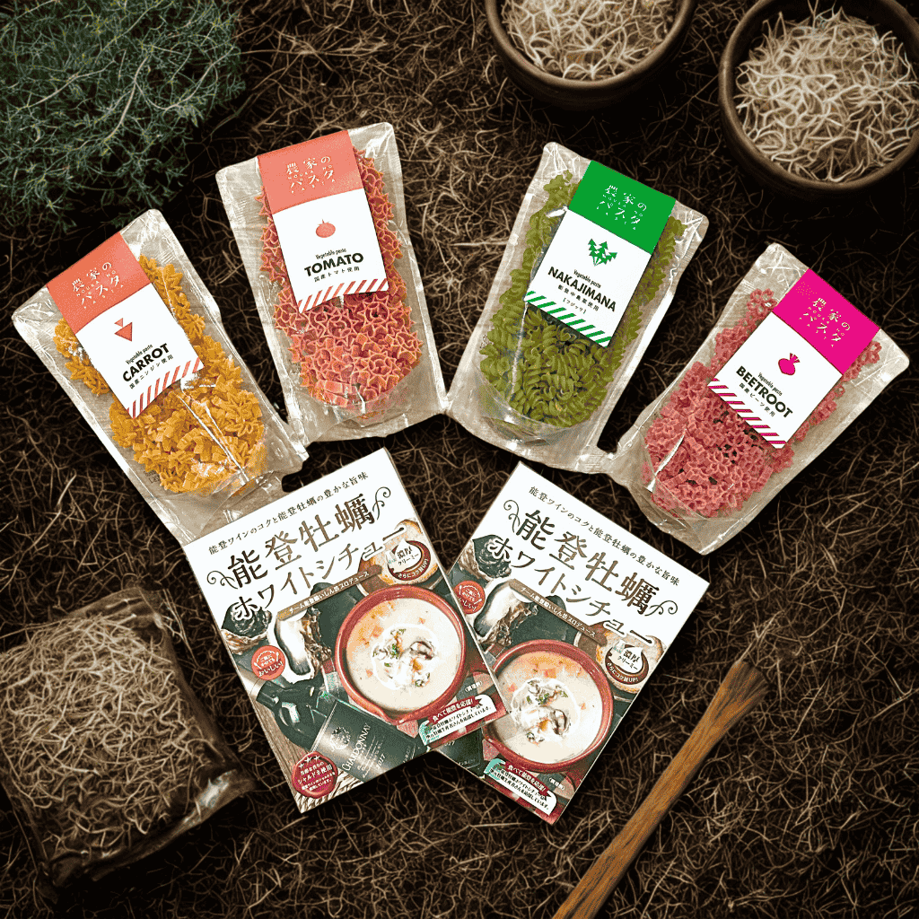 農家のパスタと能登牡蠣ホワイトシチュー。能登でしか買えないお土産ギフト。おしゃれなプレゼントとして大人気です。