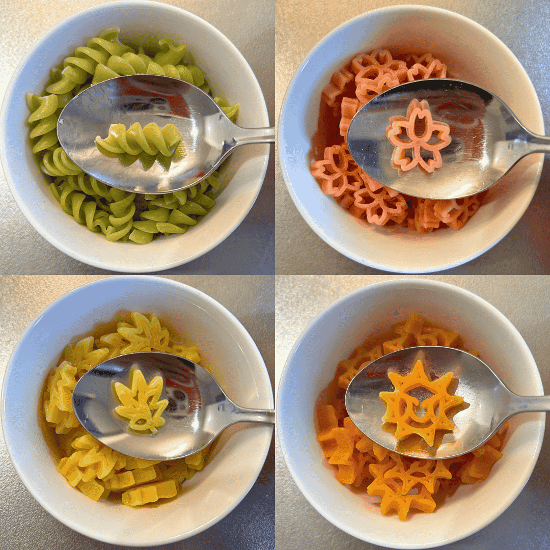 農家のパスタ、茹で上げるとおしゃれな形になり、食欲をそそります。カラフルパスタのできあがり。