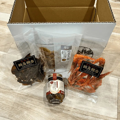 能登でしか買えないおつまみギフトセット・のどぐろ・牡蠣・甘エビ・ホタルイカの4種類のおつまみ・ギフト・贈答品・プレゼントに丁寧に梱包して発送します。